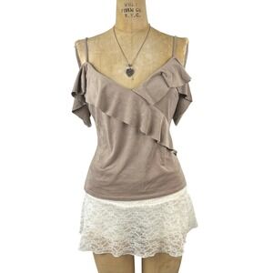 Y2k 2000's Faux Suede Cascading Ruffle Cold Shoulder Top Sz M Preppy Academia